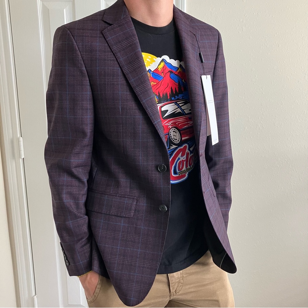 Calvin Klein Mens Slim Fit Berry Plaid Wool Blend Jacket Suit